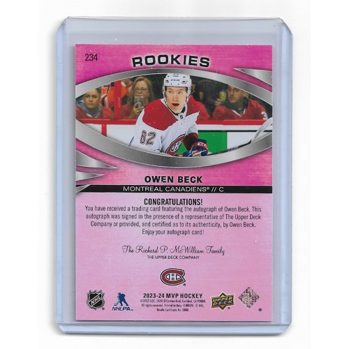 2023-24 Upper Deck MVP Magenta Autographs # 234 Owen Beck RC