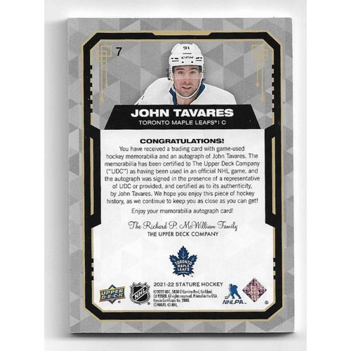 2021-22 Upper Deck Stature Autograph Patches # 7 John Tavares
