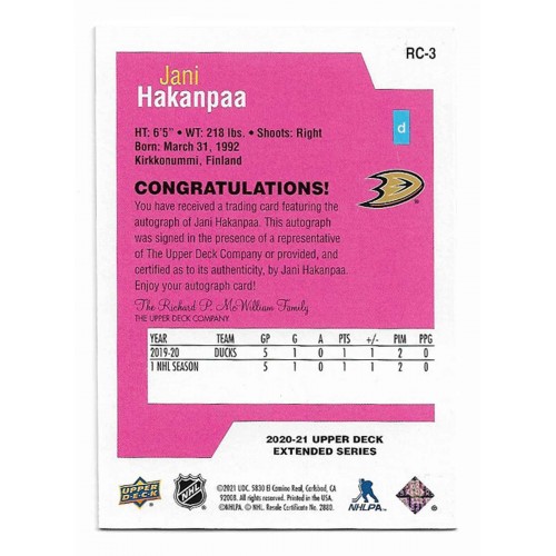 2020-21 Upper Deck Series 3 Rookie Class Autographs # RC-3 Jani Hakanpaa
