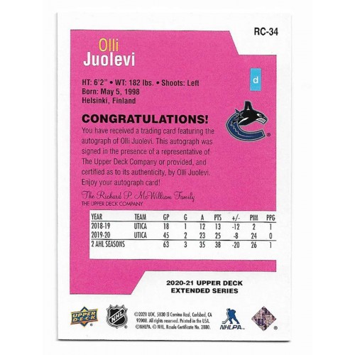 2020-21 Upper Deck Series 3 Rookie Class Autographs # RC-34 Olli Juolevi
