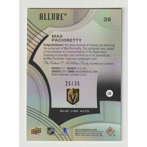 2021-22 Upper Deck Allure Blue Line Auto # 38 Max Pacioretty /35