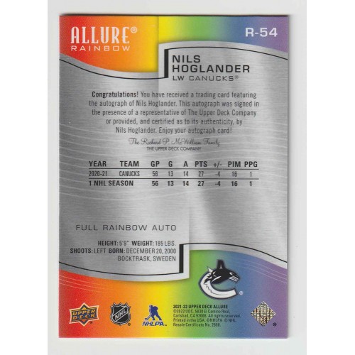 2021-22 Upper Deck Allure Full Rainbow Auto # R-54 Nils Hoglander RC