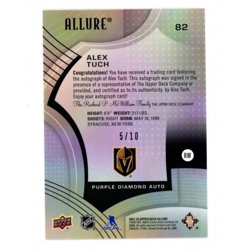 2021-22 Upper Deck Allure Purple Diamond Auto # 82 Alex Tuch /10