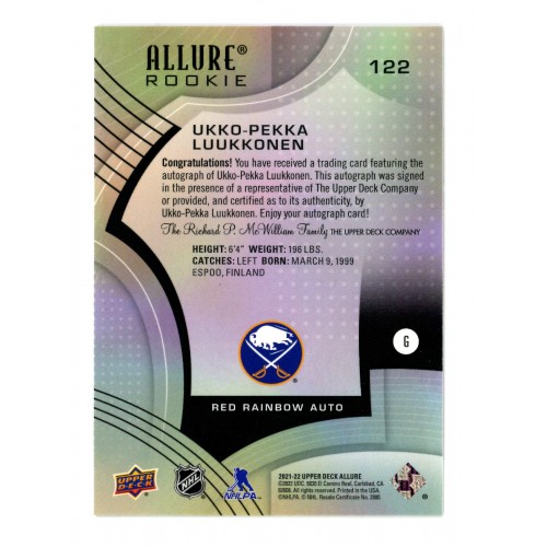 2021-22 Upper Deck Allure Red Rainbow Auto # 122 Ukko-Pekka Luukkonen RC