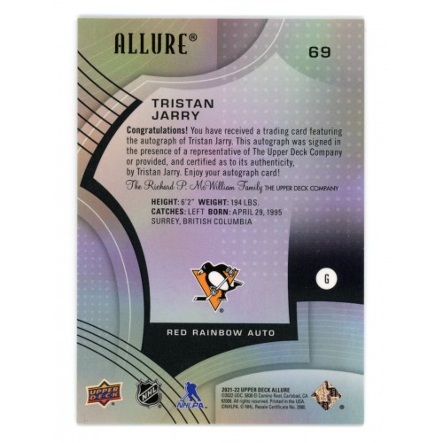 2021-22 Upper Deck Allure Red Rainbow Auto # 69 Tristan Jarry