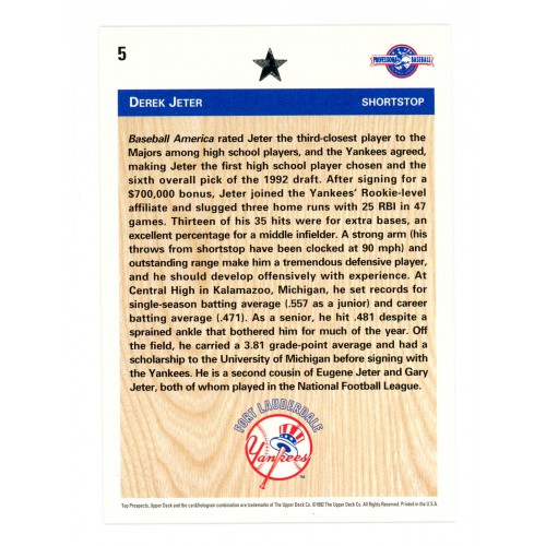 1992 Upper Deck Minor League # 5 Derek Jeter