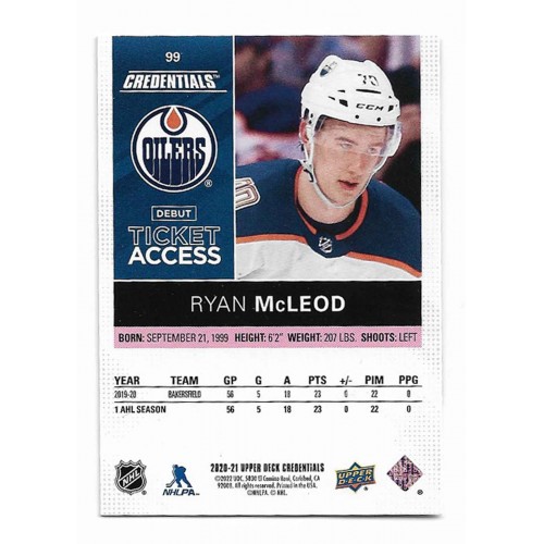 2021-22 Upper Deck Credentials 20-21 Debut Ticket Access Pink # 99 Ryan McLeod