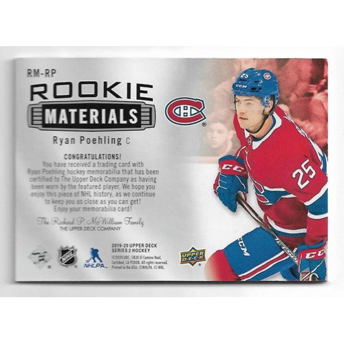 2019-20 Upper Deck Rookie Materials # RM-RP Ryan Poehling