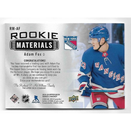 2019-20 Upper Deck Rookie Materials # RM-AF Adam Fox