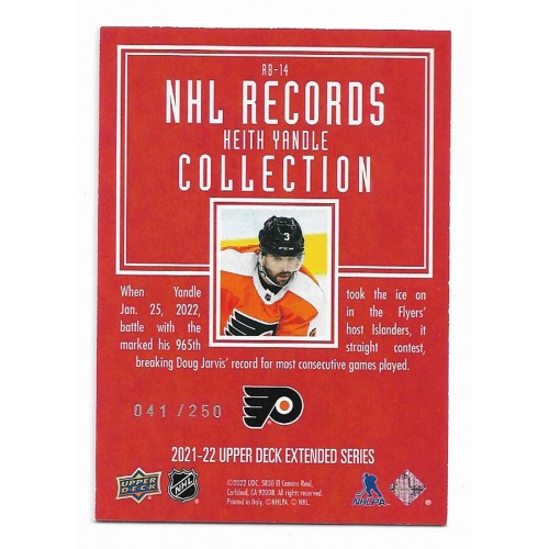2021-22 Upper Deck Extended NHL Records Collection Gold # RB-14 Keith Yandle