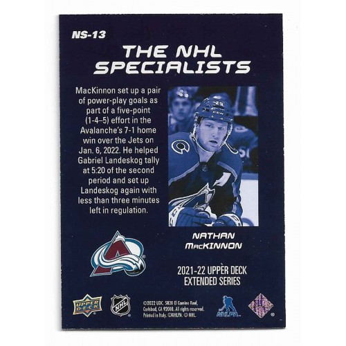 2021-22 Upper Deck Extended The NHL Specialists # NS-13 Nathan MacKinnon