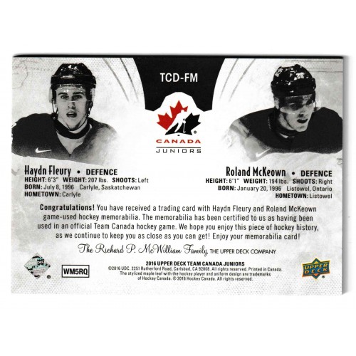 2016-17 Upper Deck Team Canada Juniors Dual Jersey # TCD-FM Fleury / McKeown