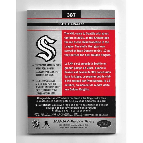 2023-24 O-Pee-Chee Logos Update Patches # 387 Kraken de Seattle