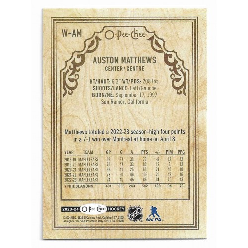 2023-24 O-Pee-Chee Variation Wood # W-AM Auston Matthews