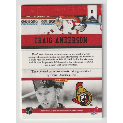 2010-11 Panini All Goalies Stopper Sweaters # 6 Craig Anderson