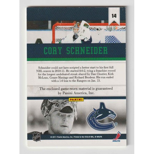 2010-11 Panini All Goalies Stopper Sweaters # 14 Cory Schneider