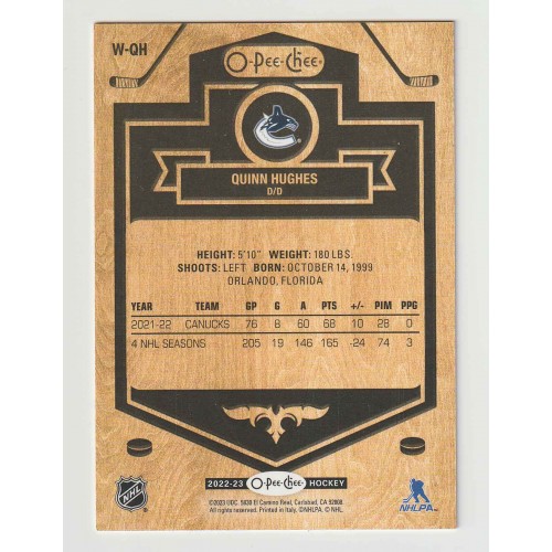2022-23 O-Pee-Chee Woodies # W-QH Quinn Hughes