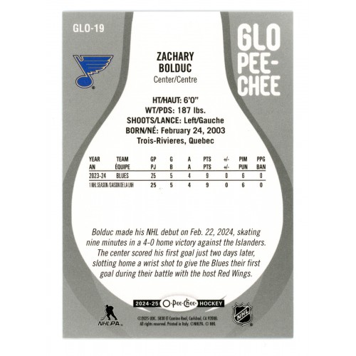 2024-25 O-Pee-Chee Glo Pee-Chee  # GLO-19 Zachary Bolduc