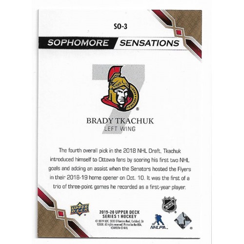 2019-20 Upper Deck Sophomore Sensations # SO-3 Brady Tkachuk