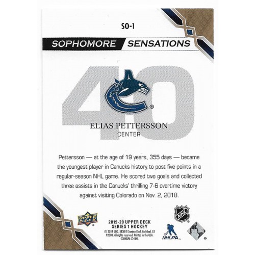 2019-20 Upper Deck Sophomore Sensations # SO-1 Elias Pettersson