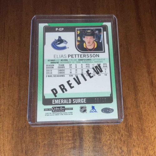 2021-22 O-Pee-Chee Platinum Preview Emerald Surge # P-EP Elias Pettersson /10