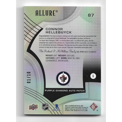 2021-22 Upper Deck Allure Purple Diamond Auto Patch # 87 Connor Hellebuyck /10