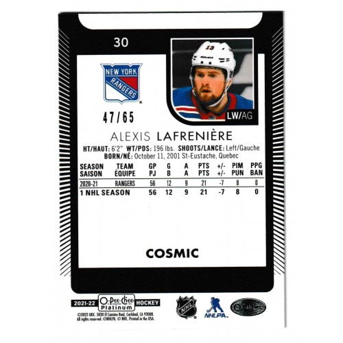2021-22 O-Pee-Chee Platinum Cosmic # 30 Alexis Lafrenière /65