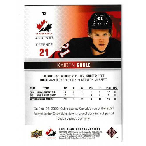 2022-23 Upper Deck Team Canada Juniors Red # 13 Kaiden Guhle