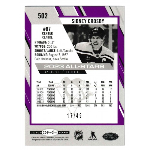 2023-24 O-Pee-Chee Purple # 502 Sidney Crosby /49