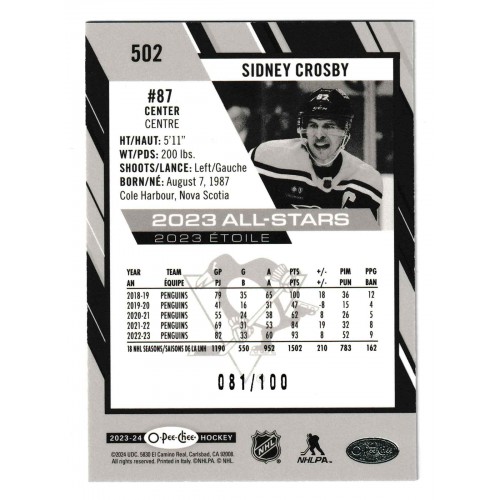 2023-24 O-Pee-Chee Black # 502 Sidney Crosby /100