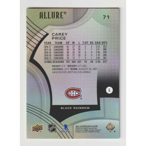 2021-22 Upper Deck Allure Black Rainbow # 71 Carey Price