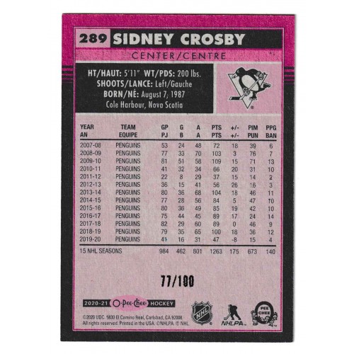 2020-21 O-Pee-Chee Retro Black # 289 Sidney Crosby /100