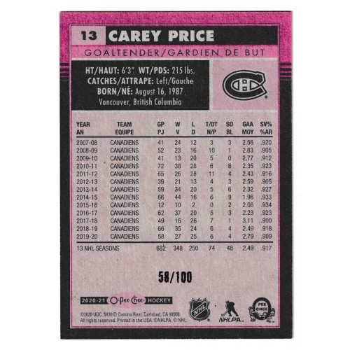 2020-21 O-Pee-Chee Retro Black # 13 Carey Price /100