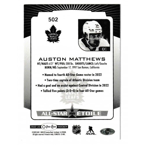 2022-23 O-Pee-Chee Black Rainbow Foil # 502 Auston Matthews /100