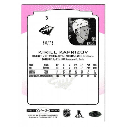 2022-23 O-Pee-Chee Neon Pink # 3 Kirill Kaprizov /75
