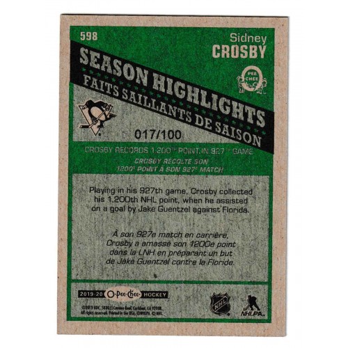 2019-20 O-Pee-Chee Retro Black # 598 Sidney Crosby /100