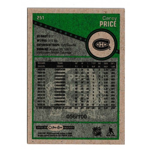2019-20 O-Pee-Chee Retro Black # 251 Carey Price /100