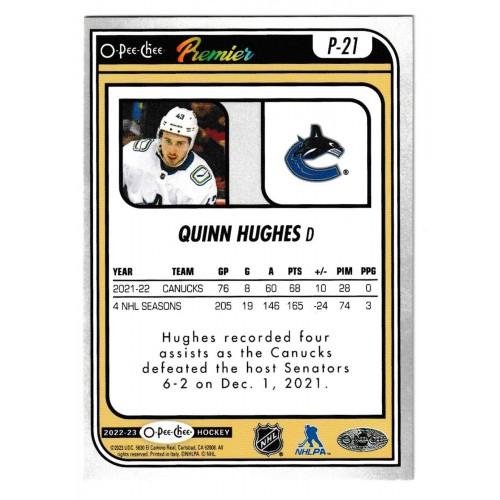 2022-23 O-Pee-Chee OPC Premier Rainbow # P-21 Quinn Hughes /99