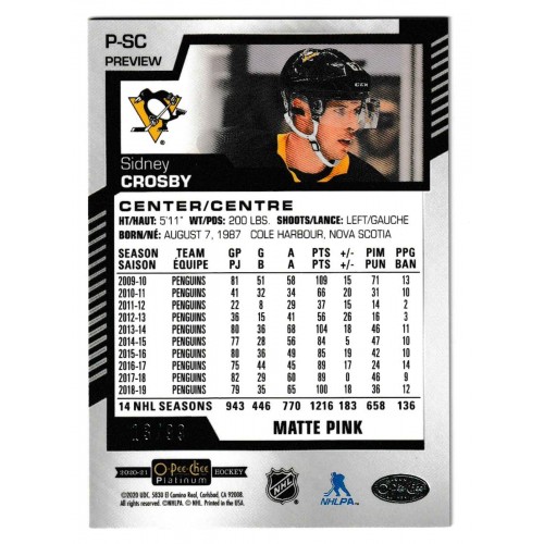 2020-21 O-Pee-Chee Platinum Preview Matte Pink # P-SC Sidney Crosby /99