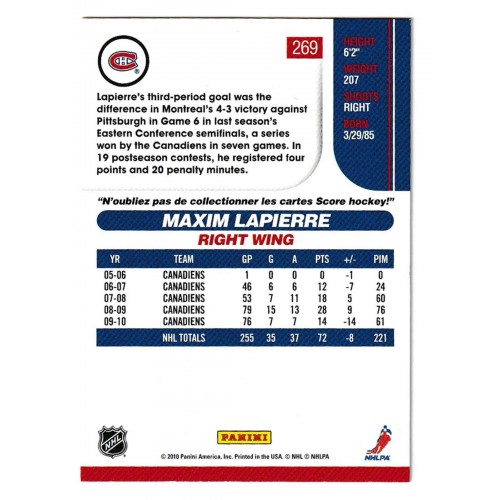 2010-11 Score French Back # 269 Maxim Lapierre