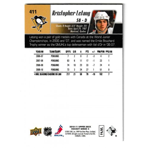 2010-11 Upper Deck UD Exclusives # 411 Kristopher Letang /100