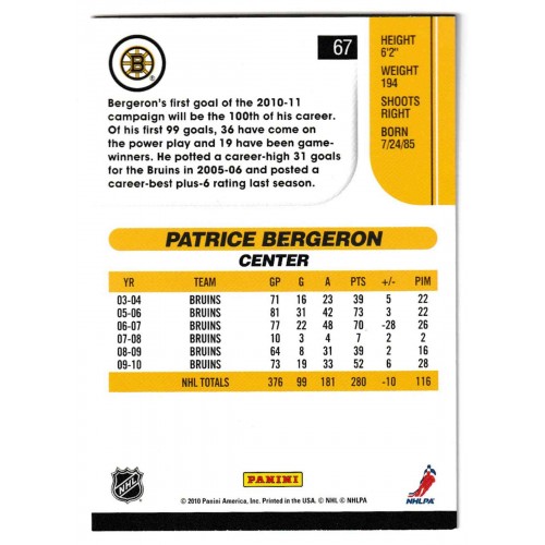 2010-11 Score 20th Anniversary # 67 Patrice Bergeron