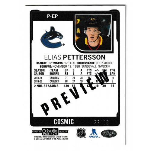 2021-22 O-Pee-Chee Platinum Preview Cosmic # P-EP Elias Pettersson /75
