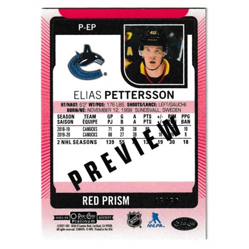 2021-22 O-Pee-Chee Platinum Preview Red Prism # P-EP Elias Pettersson /50