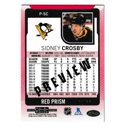 2021-22 O-Pee-Chee Platinum Preview Red Prism # P-SC Sidney Crosby /50
