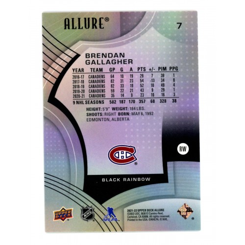 2021-22 Upper Deck Allure Black Rainbow # 7 Brendan Gallagher