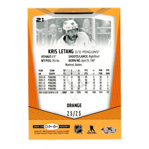 2024-25 O-Pee-Chee Bordure Orange # 21 Kris Letang /25