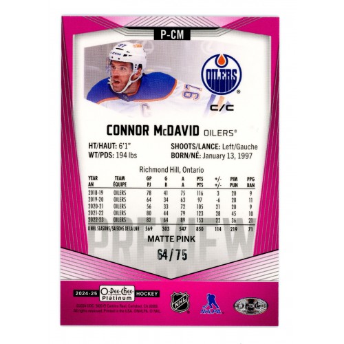 2024-25 O-Pee-Chee Platinum Preview Matte Pink # P-CM Connor McDavid /75