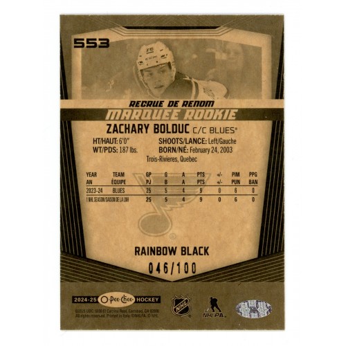 2024-25 O-Pee-Chee Rainbow Black  # 553 Zachary Bolduc RC /100