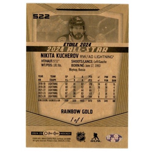 2024-25 O-Pee-Chee Rainbow Gold # 522 Nikita Kucherov 1/1